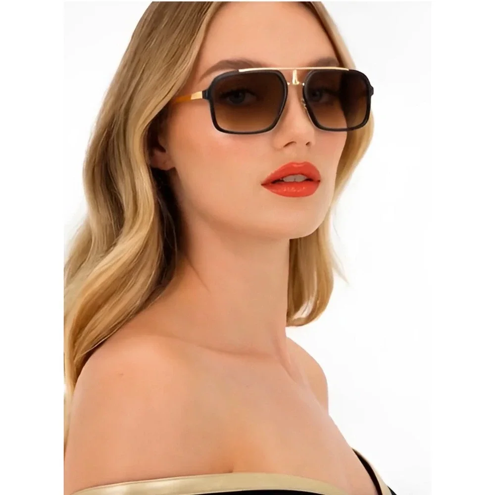 Sunglasses Women Square Frame Gold Fashion Shades Trendy Street Wear Fancy Gafas